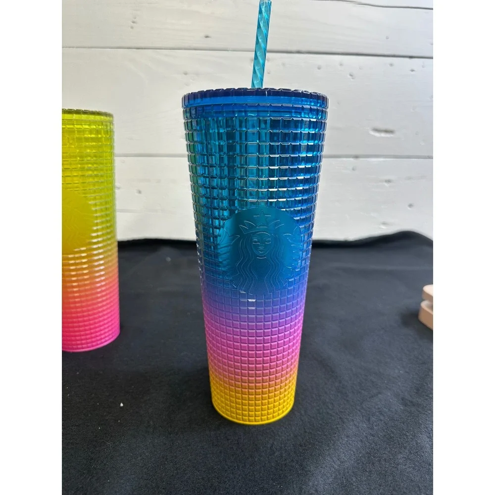 Starbucks Tumbler Lot of 4 Studded Grid Floral Iridescent Cold Cups 24oz 16oz